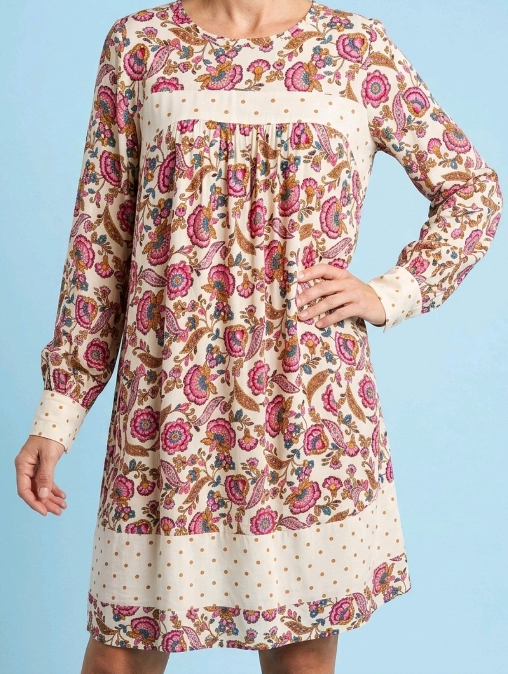 NWT Ralph Lauren Chaps Tunic Dress    L/S Pink Cream polka dots accents L